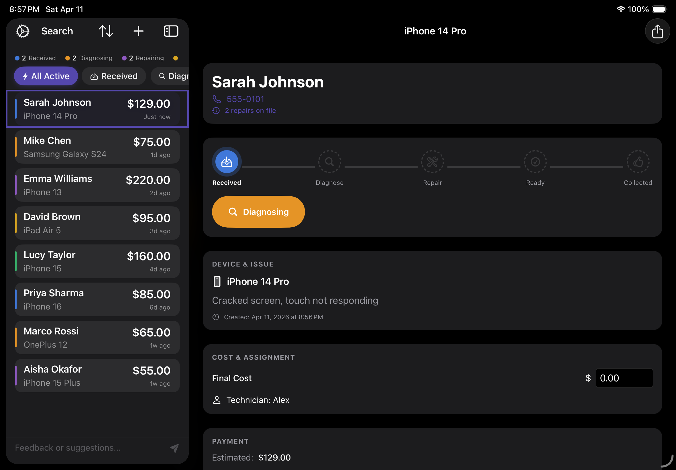 PhoneRepairPOS iPad dashboard showing active repair tickets