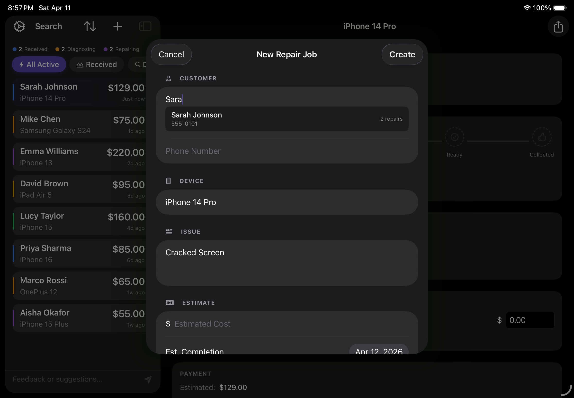 Creating a new repair ticket in PhoneRepairPOS
