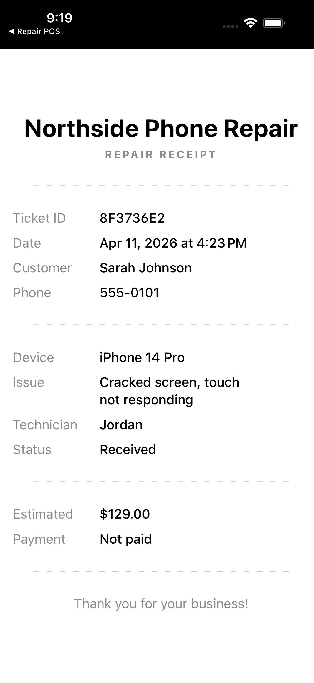 Printable PDF repair receipt with shop name, ticket ID, customer, device, issue, status, and estimated cost