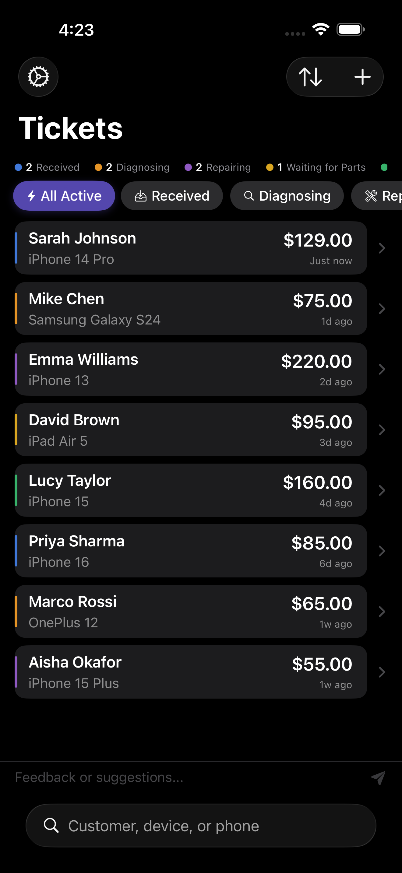 Ticket list showing active repairs