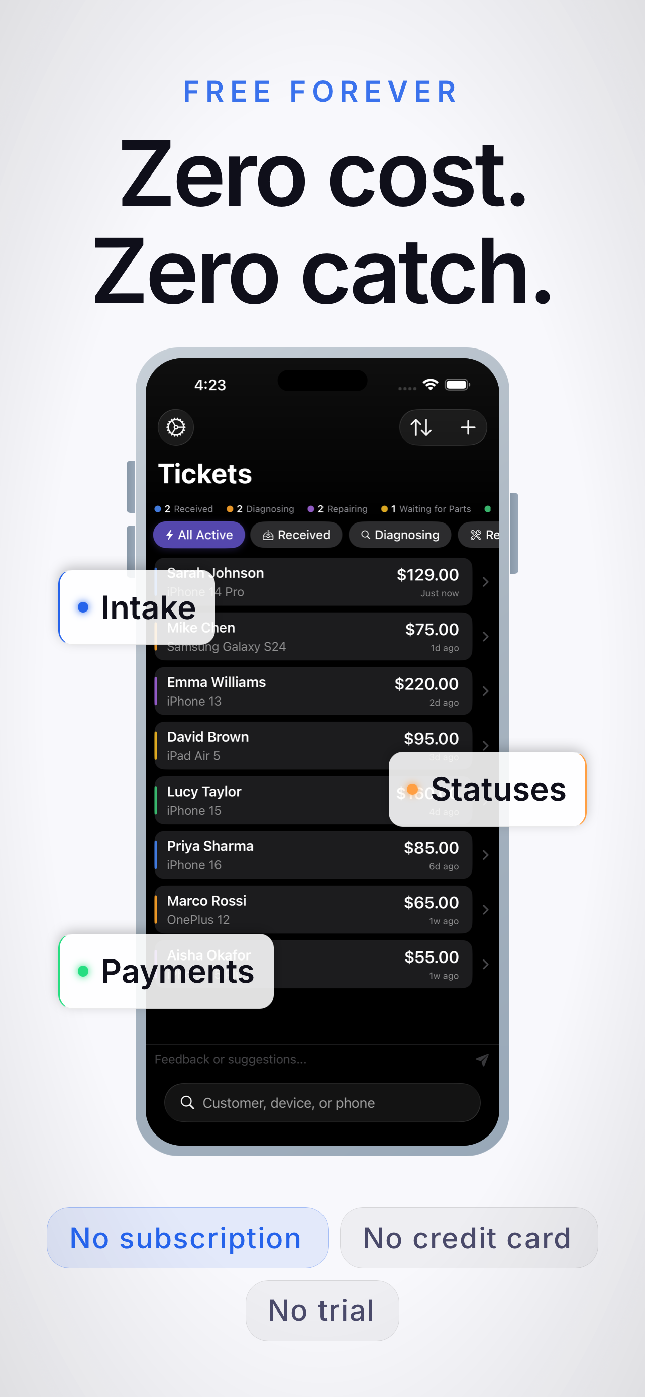 Zero cost, zero catch — free forever with no subscription, no credit card, no trial